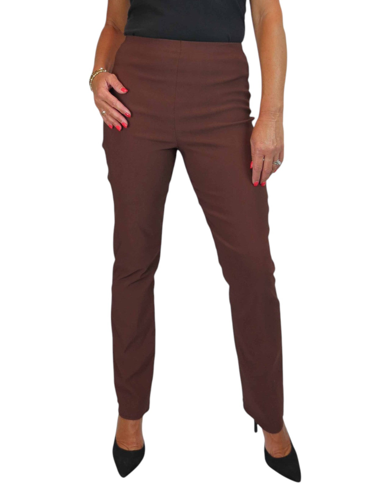 Elasticated Waist Straight Leg Trousers Brown