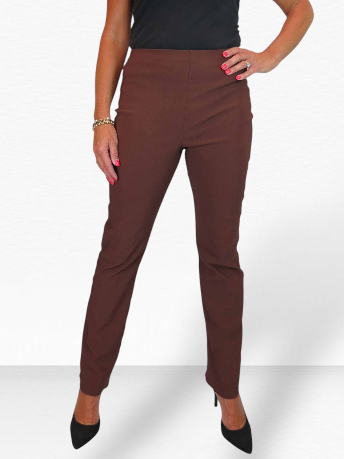 Elasticated Waist Straight Leg Trousers Brown