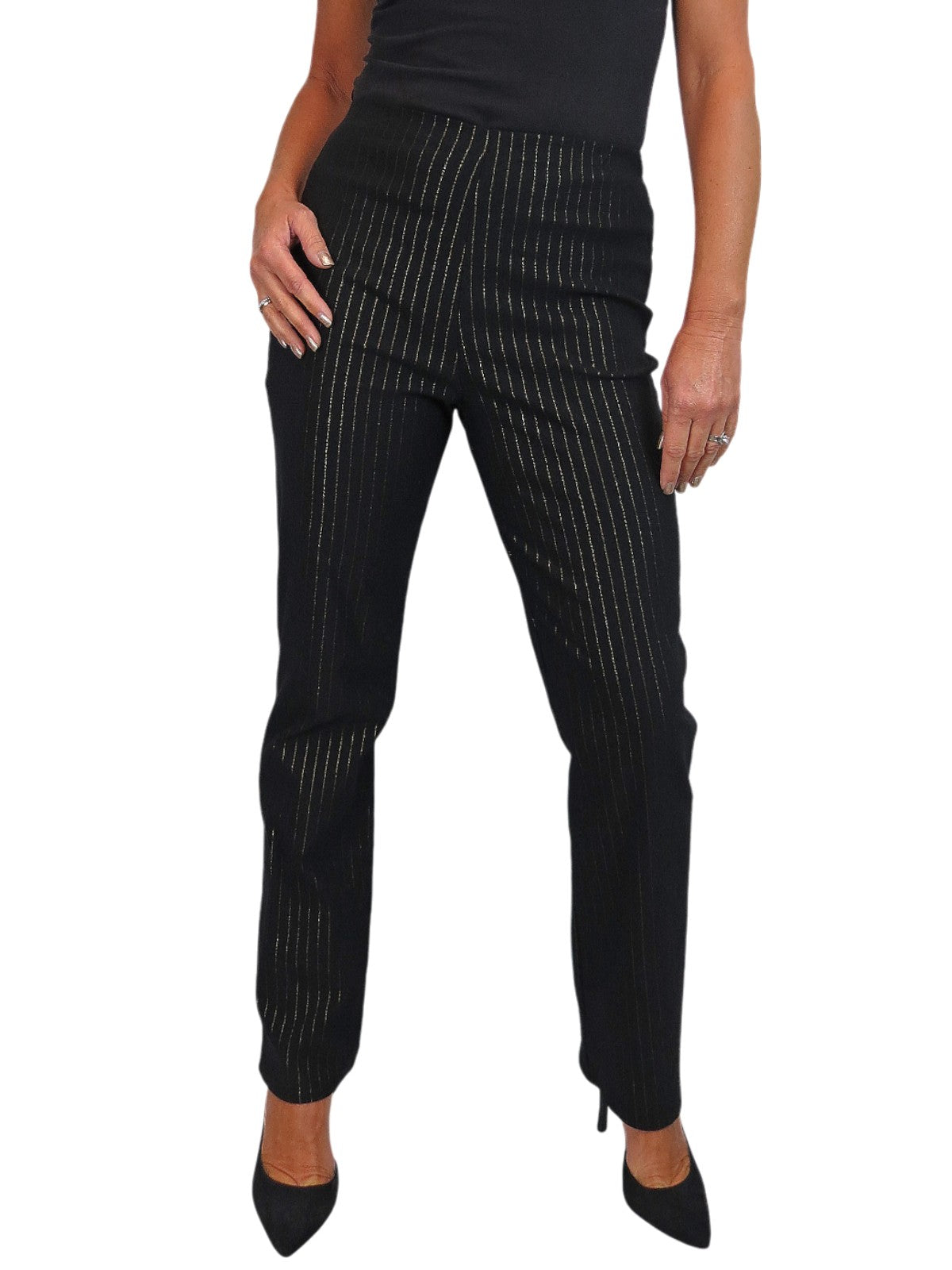 Elasticated Waist Straight Leg Trousers Black With Gold Pinstripe