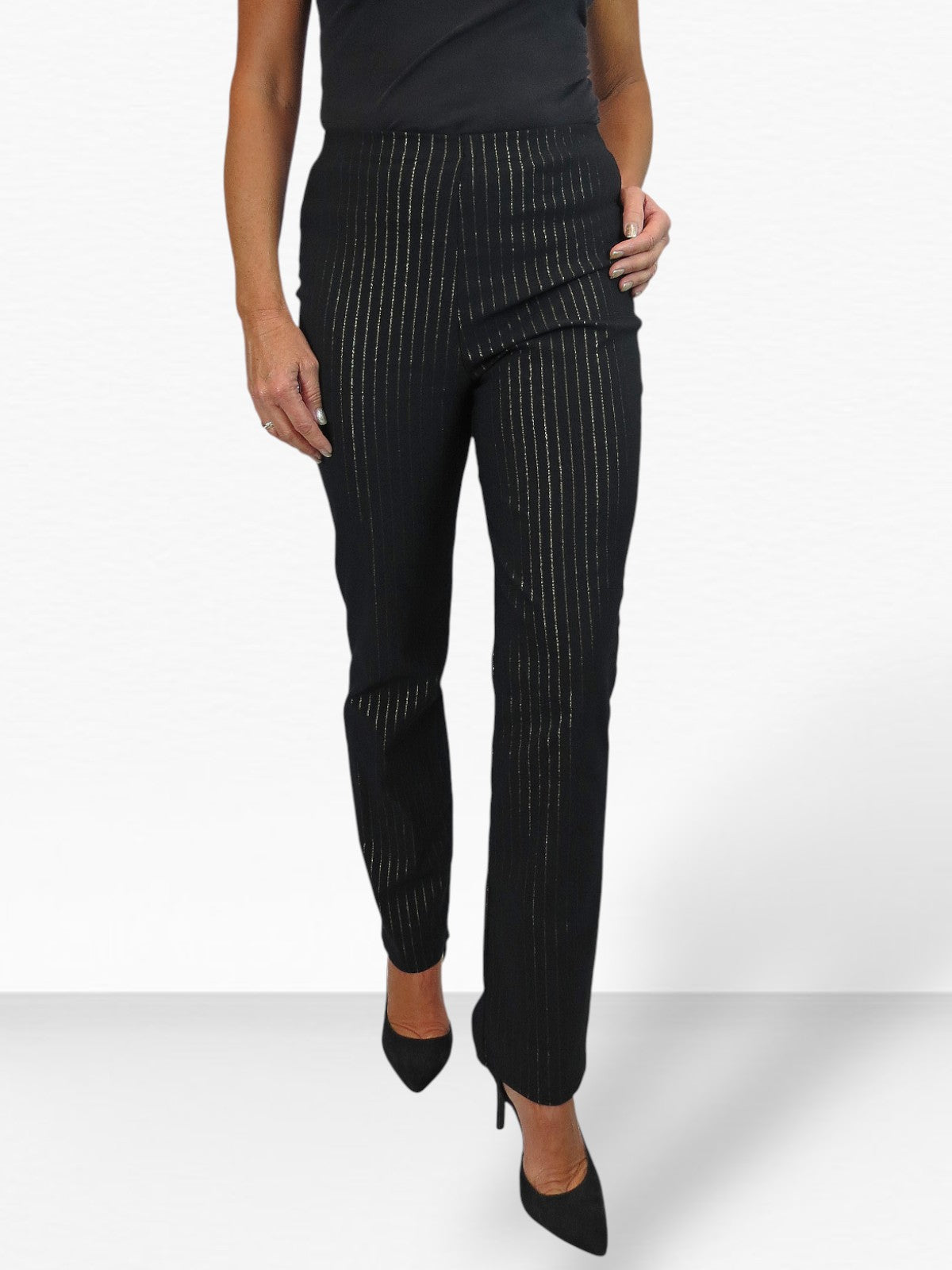 Elasticated Waist Straight Leg Trousers Black With Gold Pinstripe