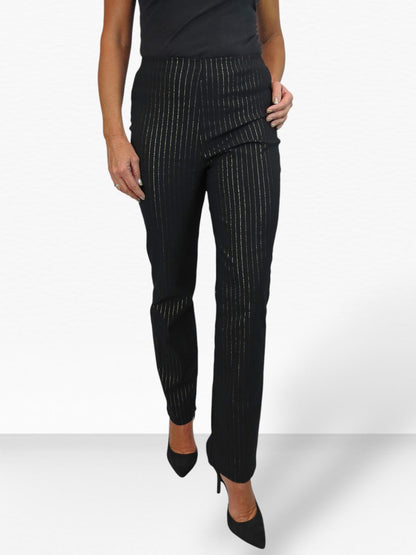 Elasticated Waist Straight Leg Trousers Black With Gold Pinstripe