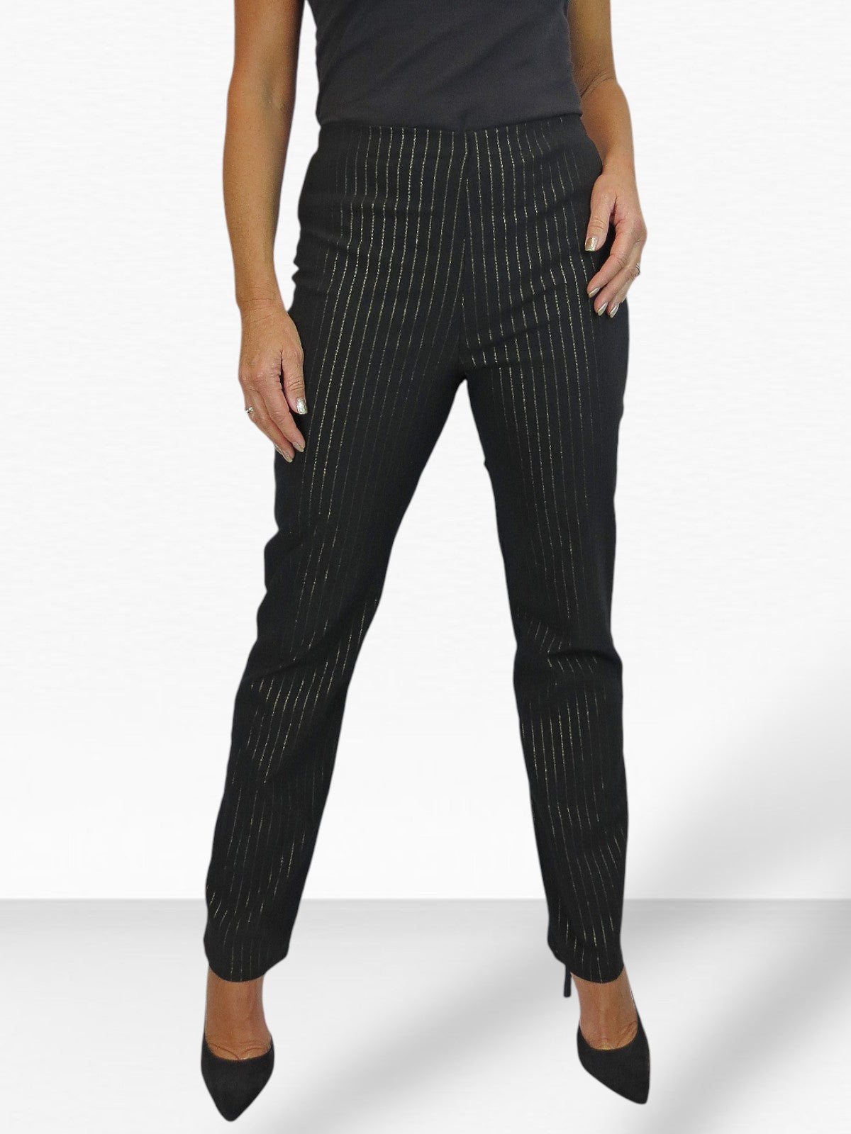 Elasticated Waist Straight Leg Trousers Black With Gold Pinstripe