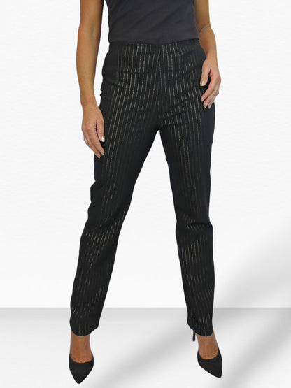Elasticated Waist Straight Leg Trousers Black With Gold Pinstripe