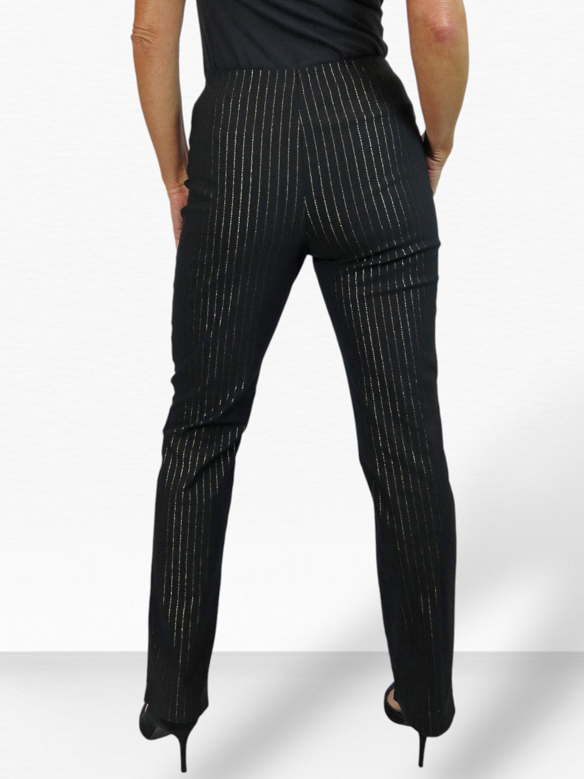 Elasticated Waist Straight Leg Trousers Black With Gold Pinstripe