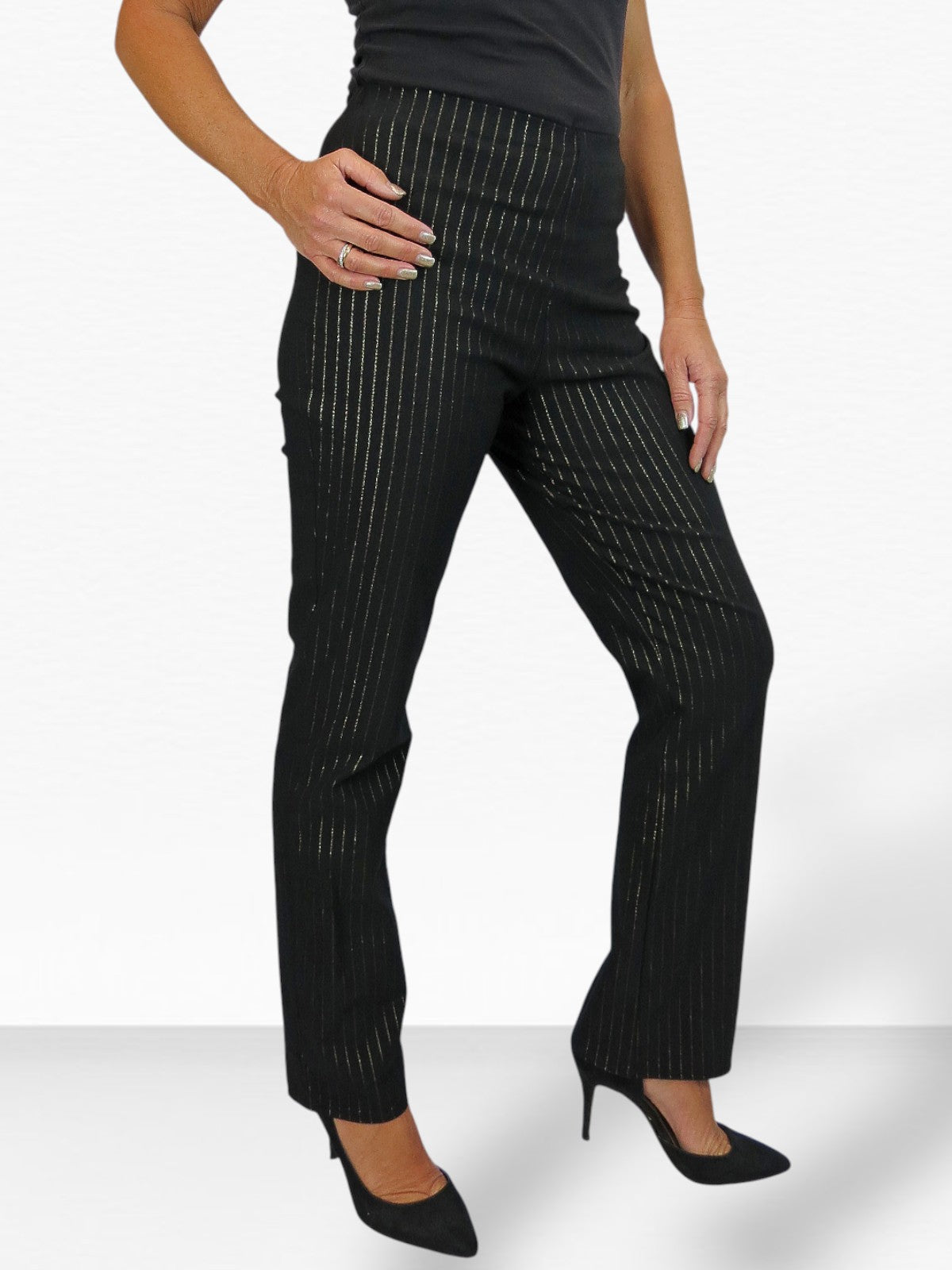 Elasticated Waist Straight Leg Trousers Black With Gold Pinstripe