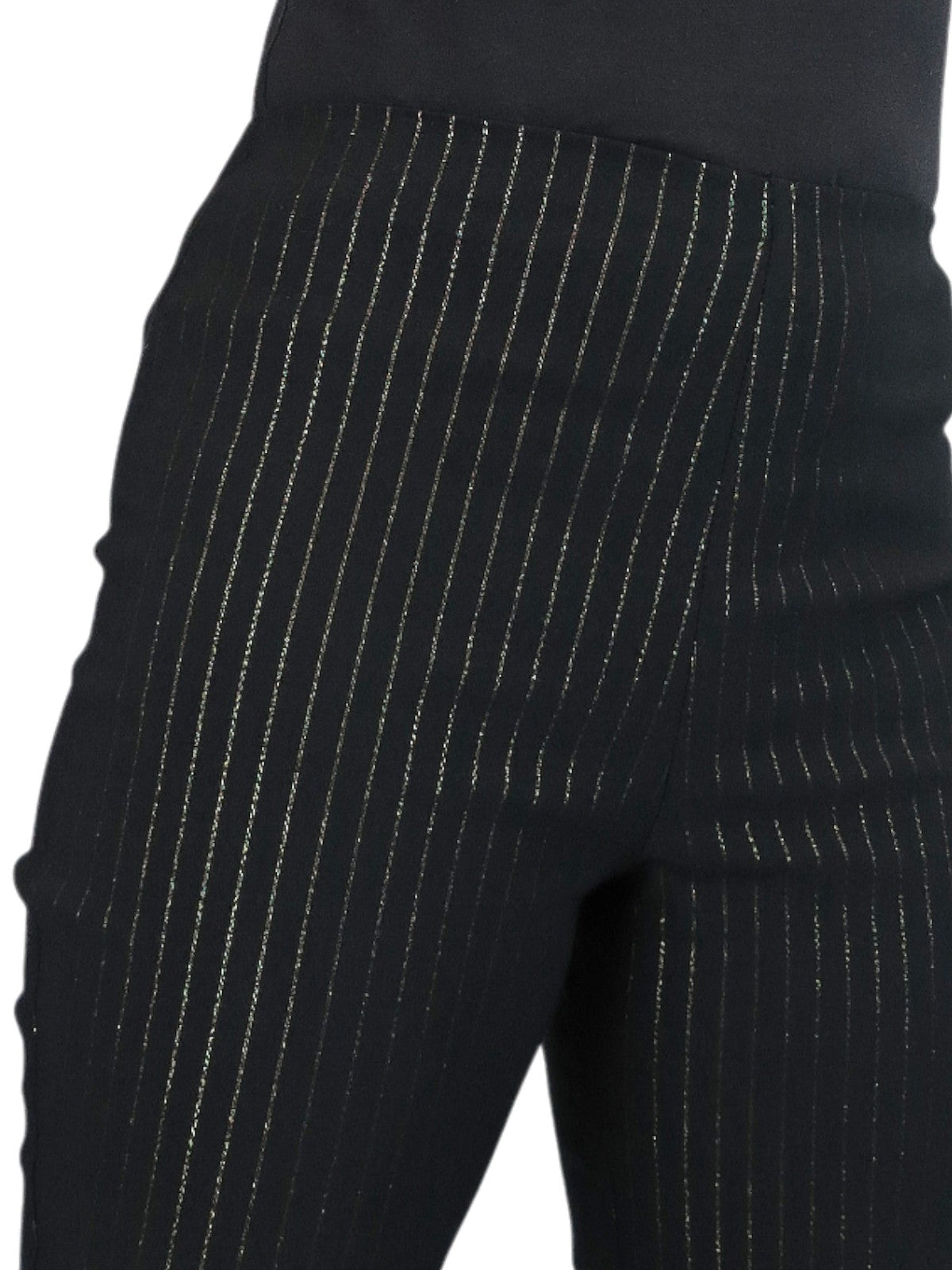 Elasticated Waist Straight Leg Trousers Black With Gold Pinstripe