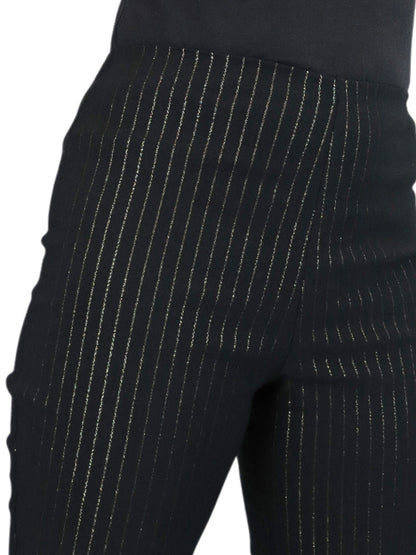 Elasticated Waist Straight Leg Trousers Black With Gold Pinstripe