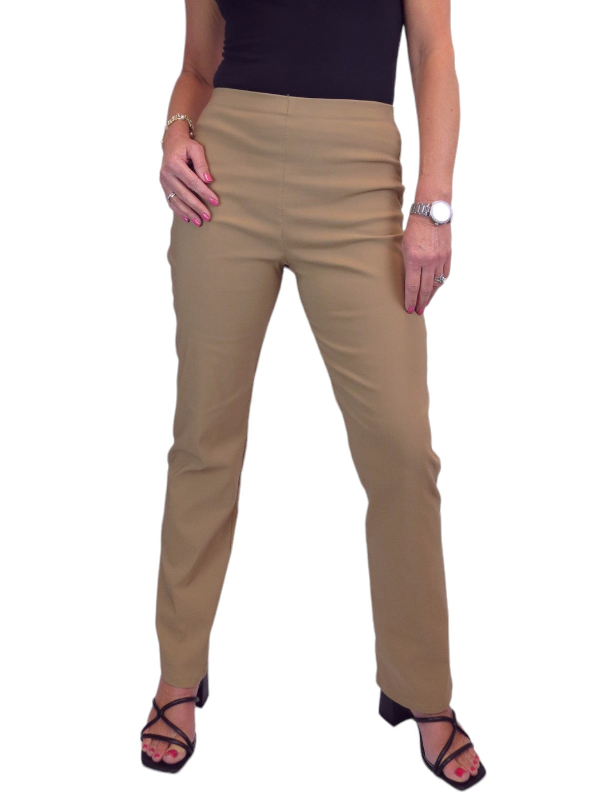 Elasticated Waist Straight Leg Trousers Camel Beige