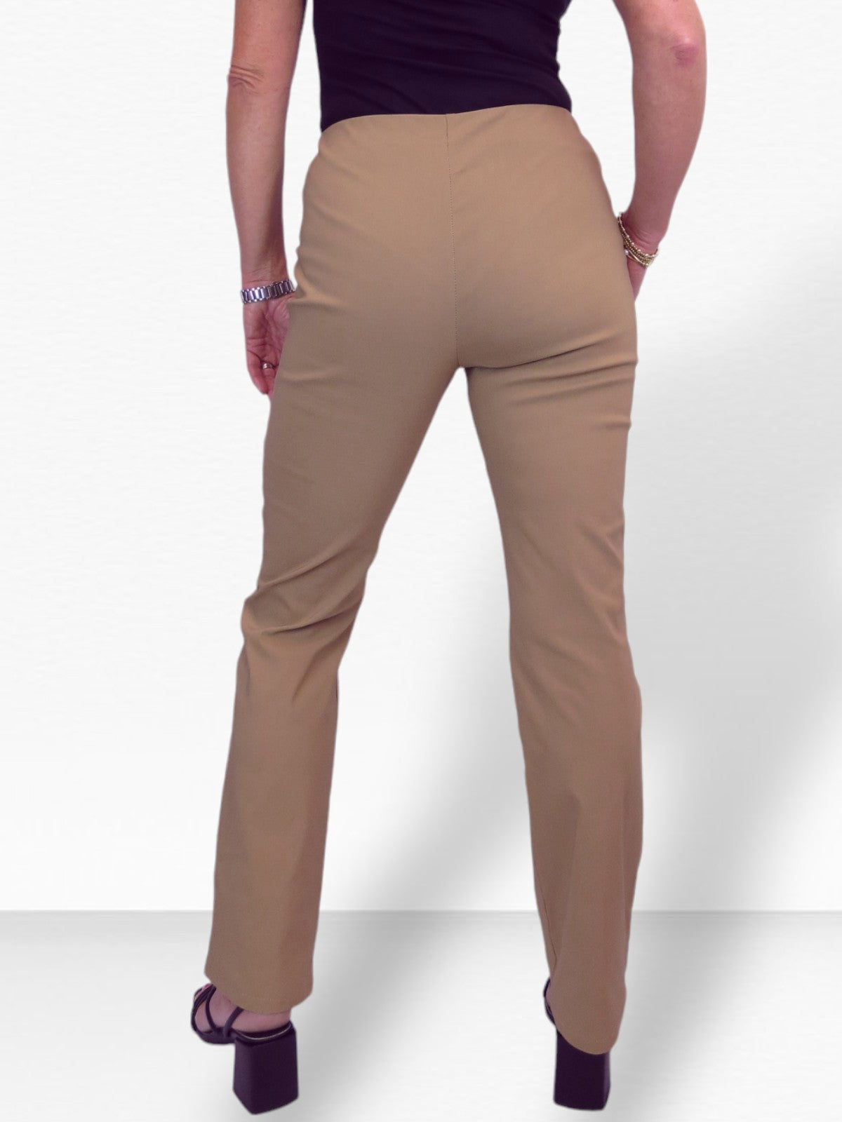 Elasticated Waist Straight Leg Trousers Camel Beige