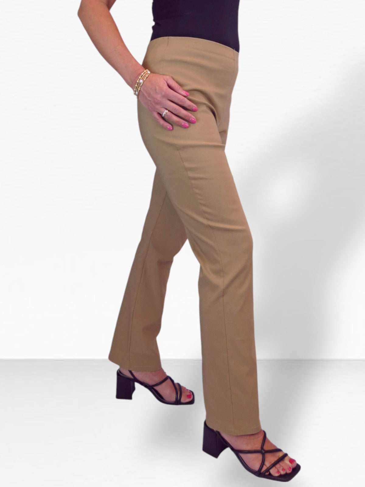 Elasticated Waist Straight Leg Trousers Camel Beige