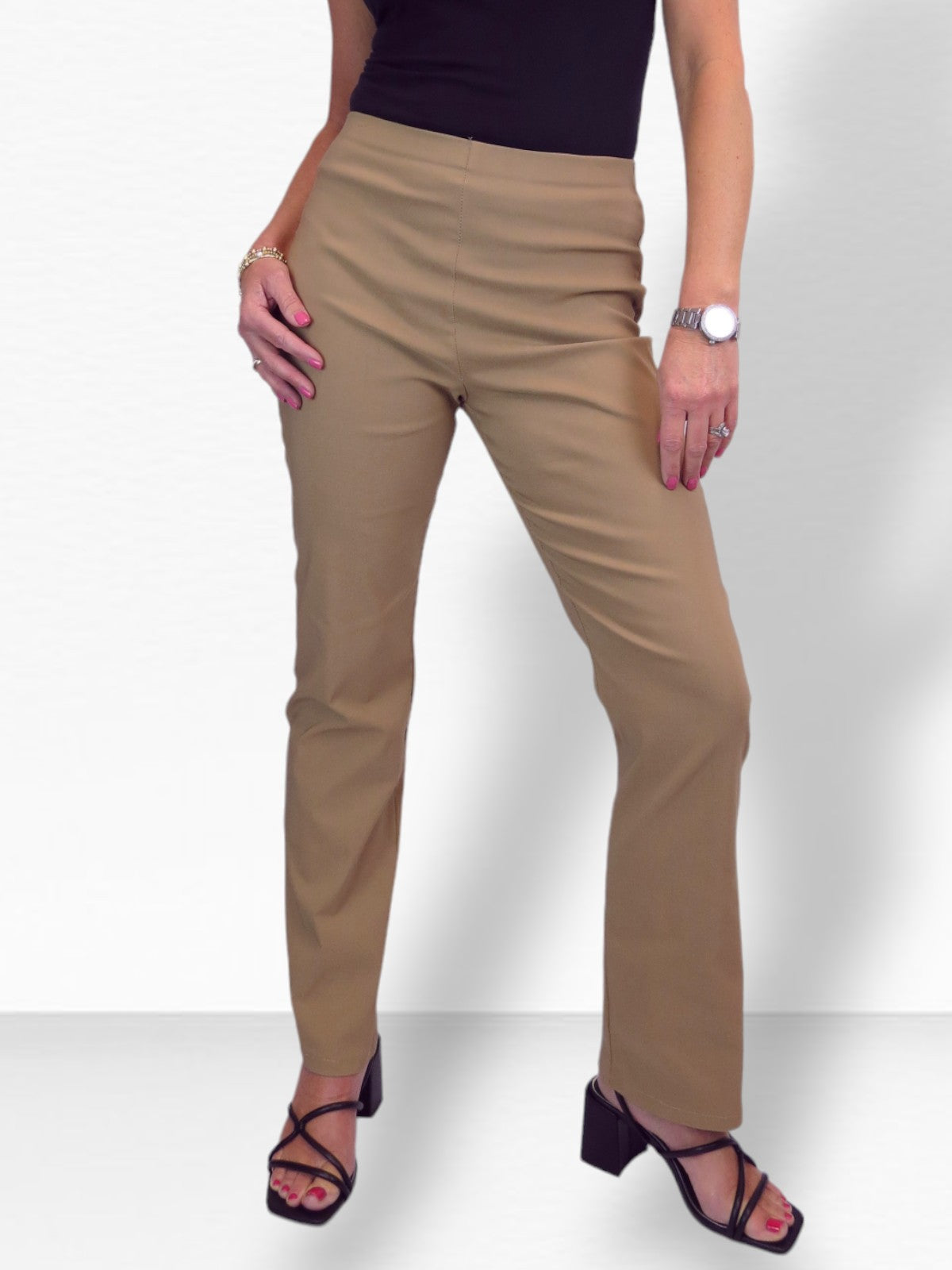 Elasticated Waist Straight Leg Trousers Camel Beige