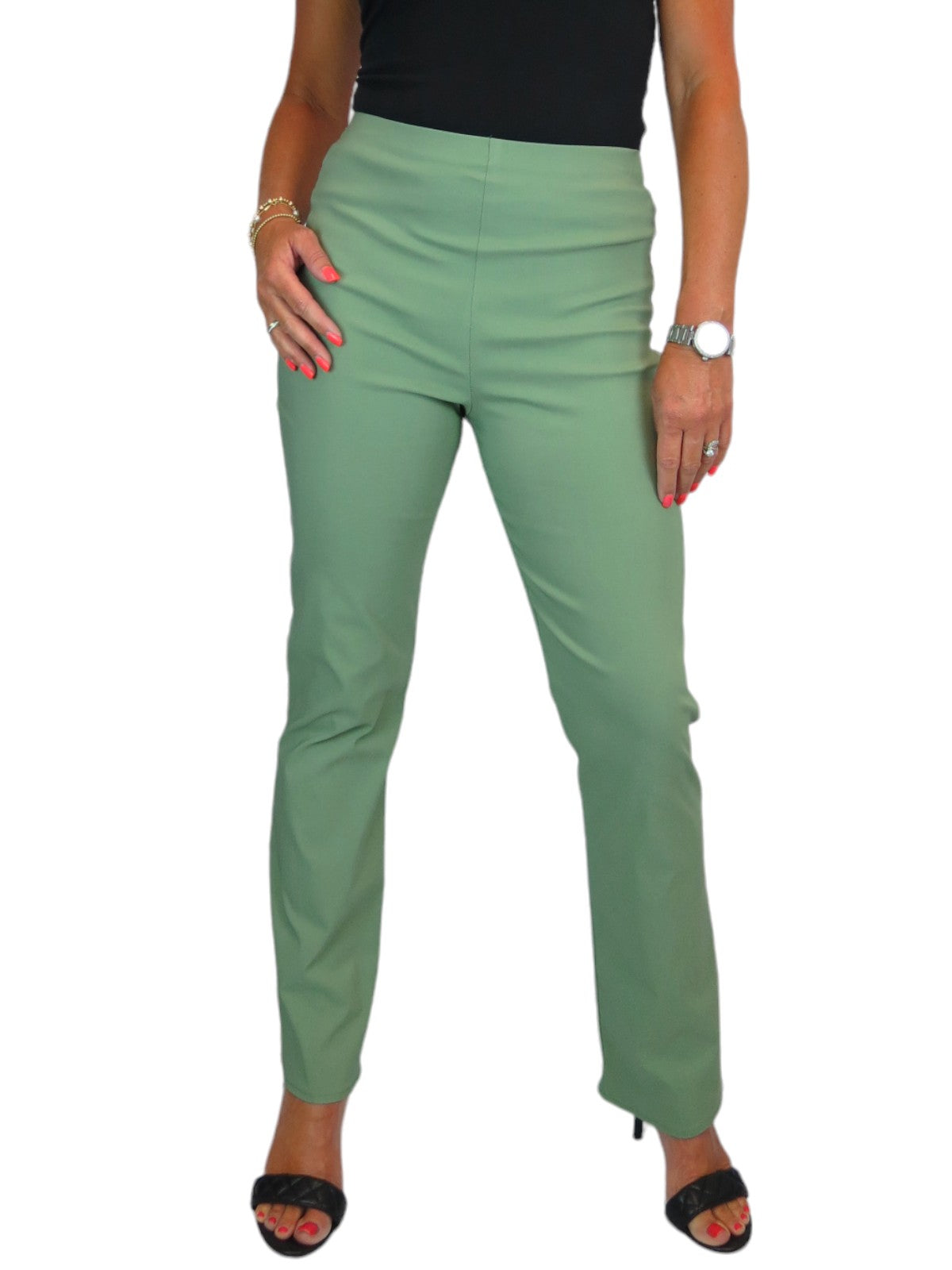 Elasticated Waist Straight Leg Trousers Sage Green