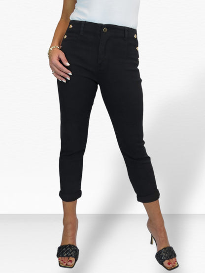 Slim Stretch Denim 3/4 Crops with Gold Button Detail Black