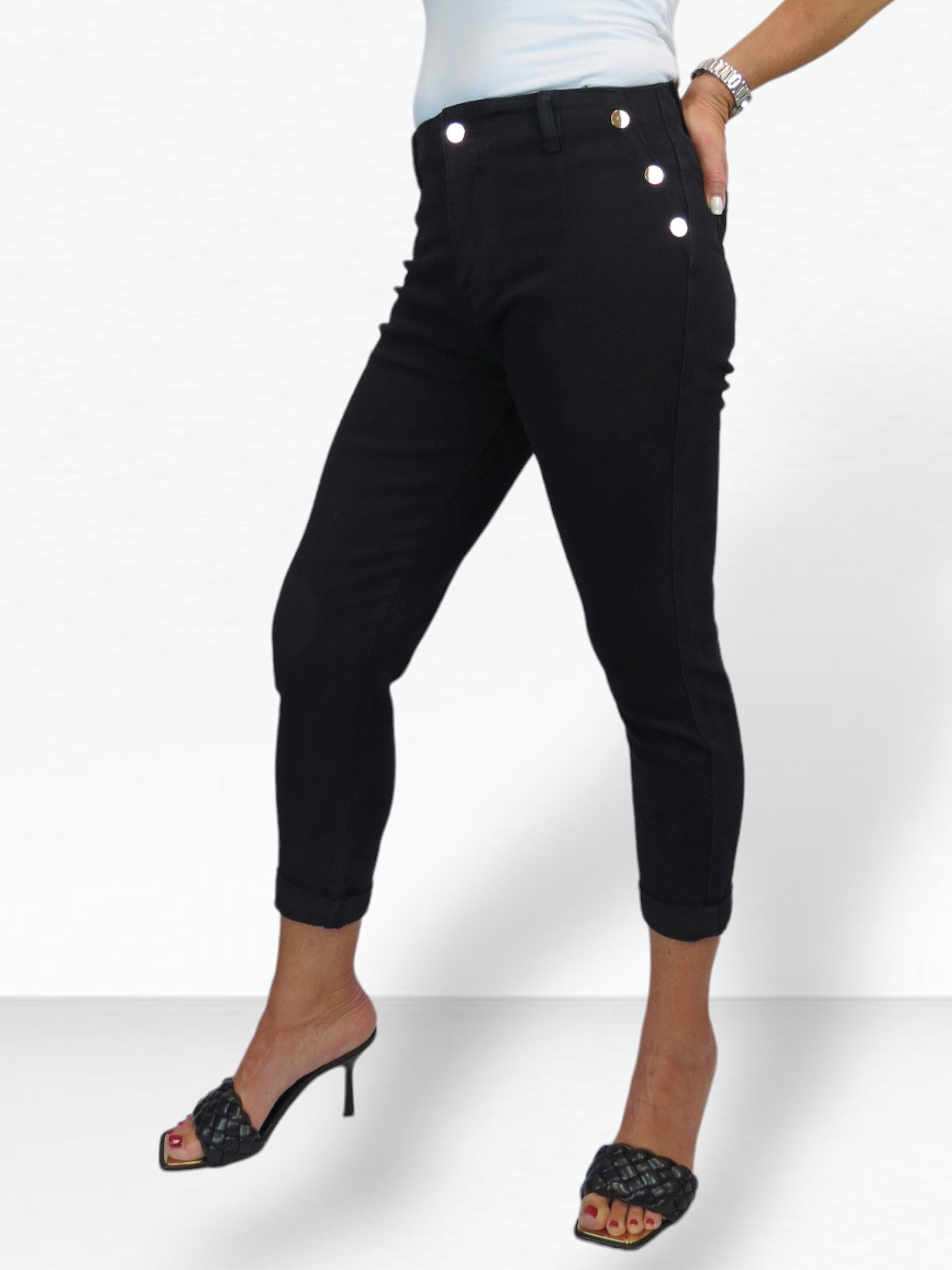 Slim Stretch Denim 3/4 Crops with Gold Button Detail Black