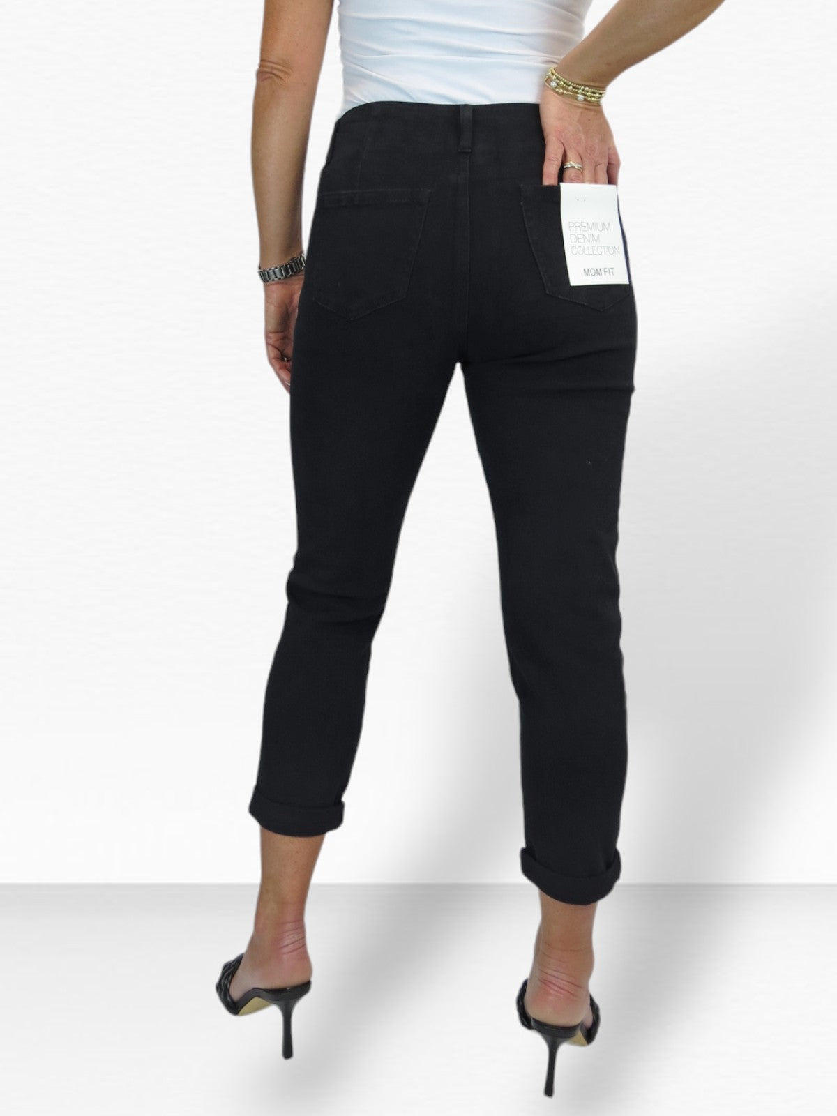 Slim Stretch Denim 3/4 Crops with Gold Button Detail Black