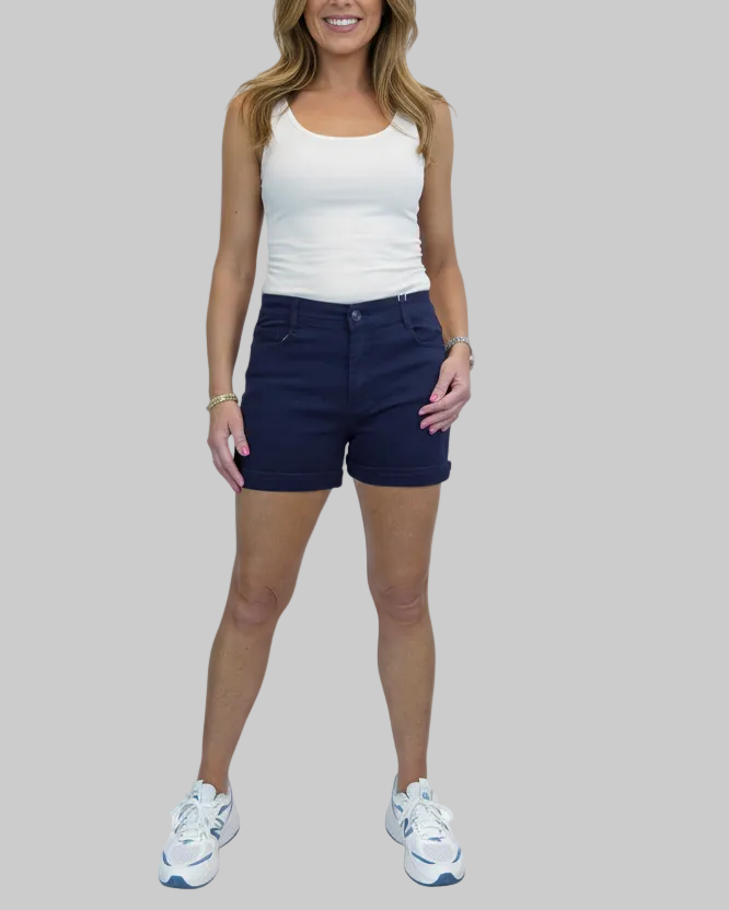 Women's Summer Denim Slim Fit Shorts with Turn Up Cuff Navy Blue