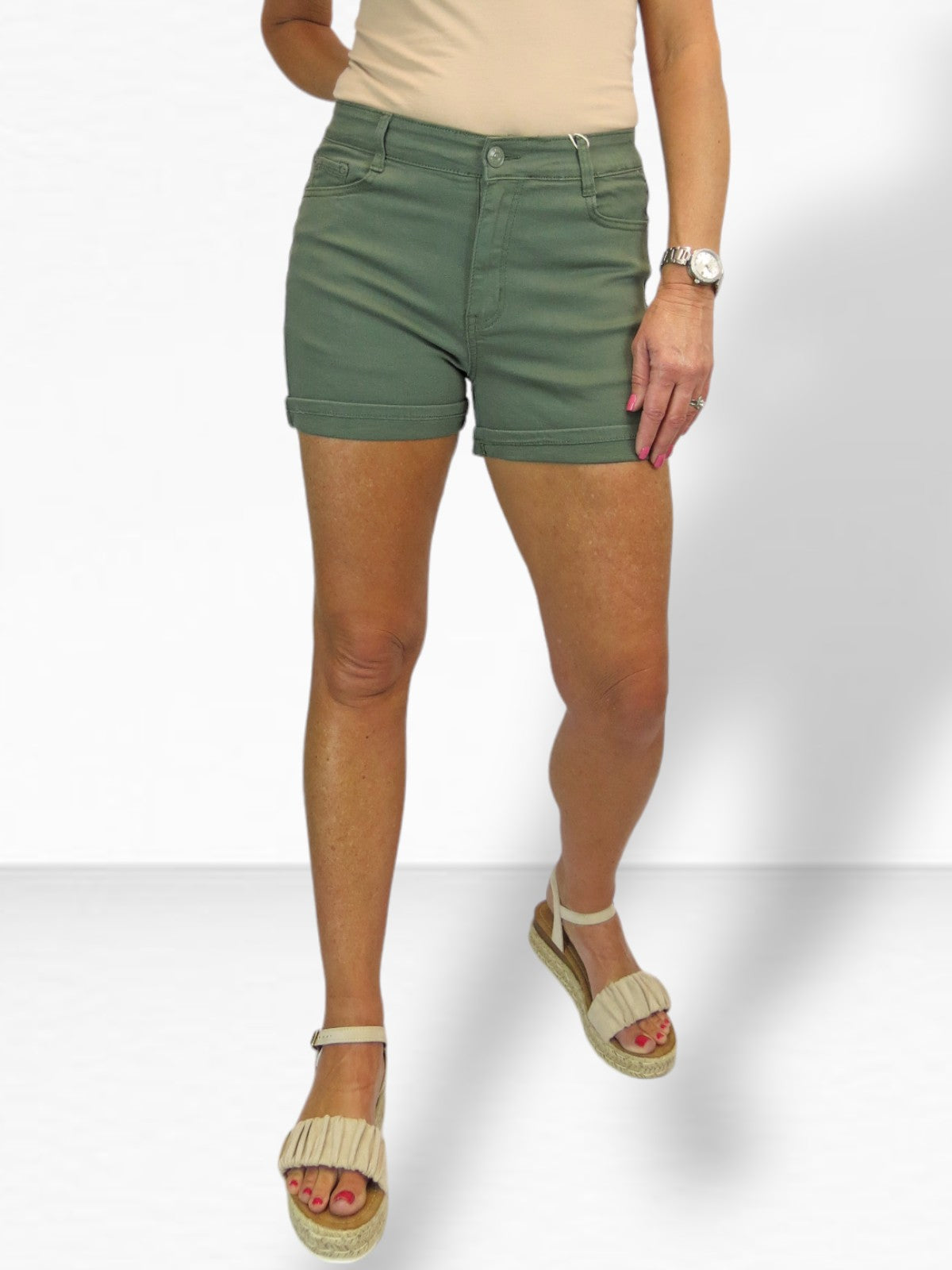 Women's Summer Denim Slim Fit Shorts with Turn Up Cuff Khaki Green