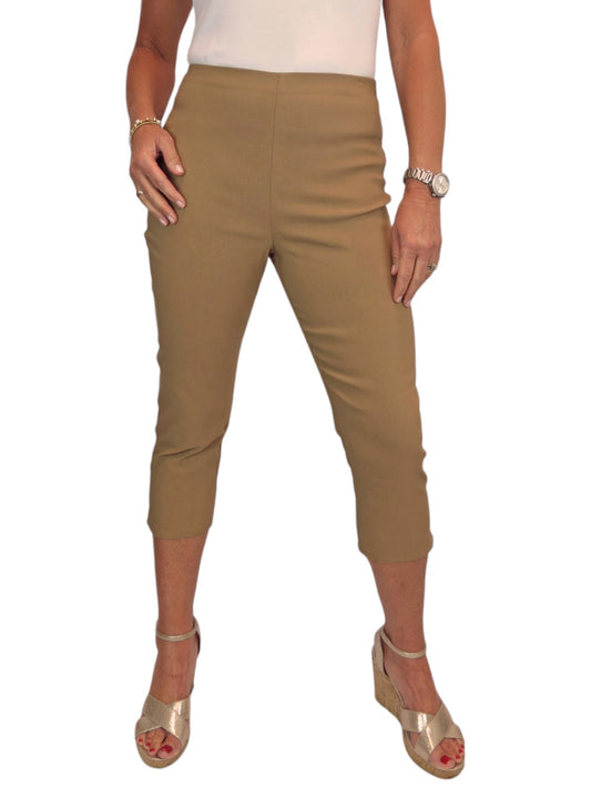 Women's Pull On Elasticated Waist Cropped Trousers Camel Beige