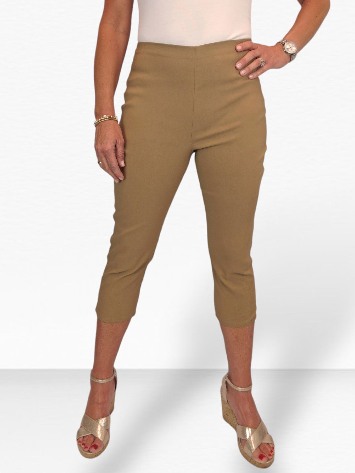 Women's Pull On Elasticated Waist Cropped Trousers Camel Beige