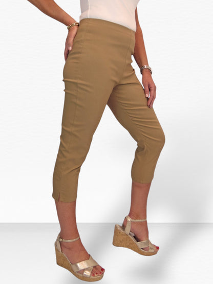 Women's Pull On Elasticated Waist Cropped Trousers Camel Beige