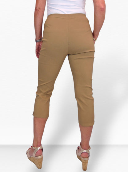 Women's Pull On Elasticated Waist Cropped Trousers Camel Beige