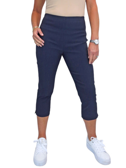 Women's Pull On Elasticated Waist Cropped Trousers Navy Blue