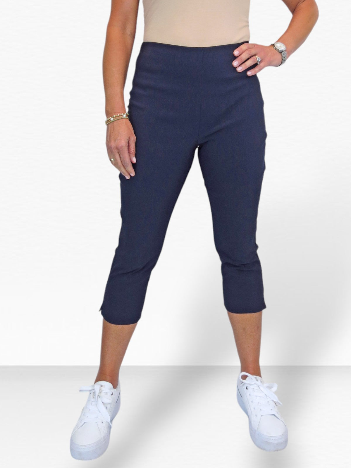 Women's Pull On Elasticated Waist Cropped Trousers Navy Blue