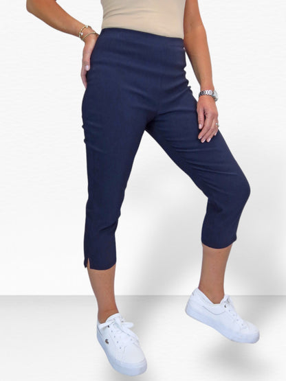 Women's Pull On Elasticated Waist Cropped Trousers Navy Blue