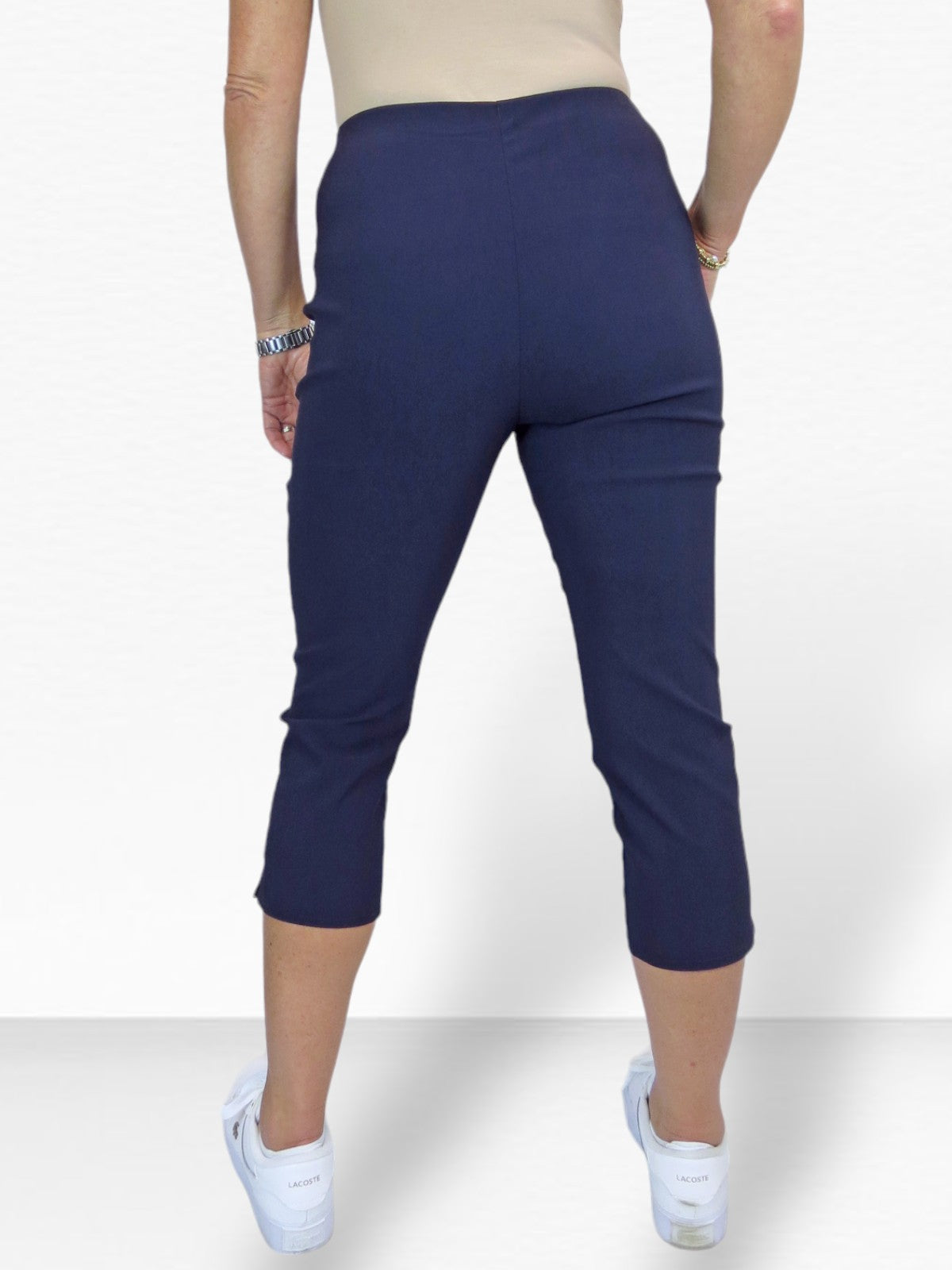 Women's Pull On Elasticated Waist Cropped Trousers Navy Blue