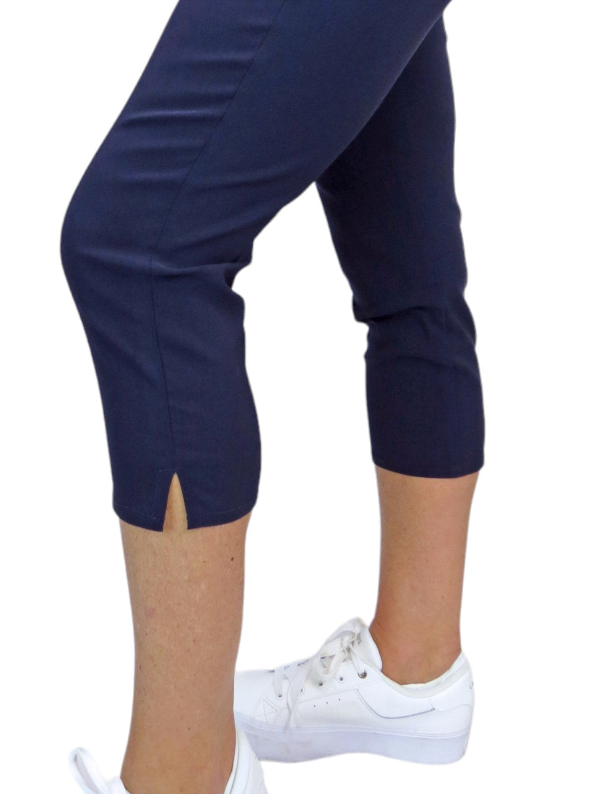 Women's Pull On Elasticated Waist Cropped Trousers Navy Blue