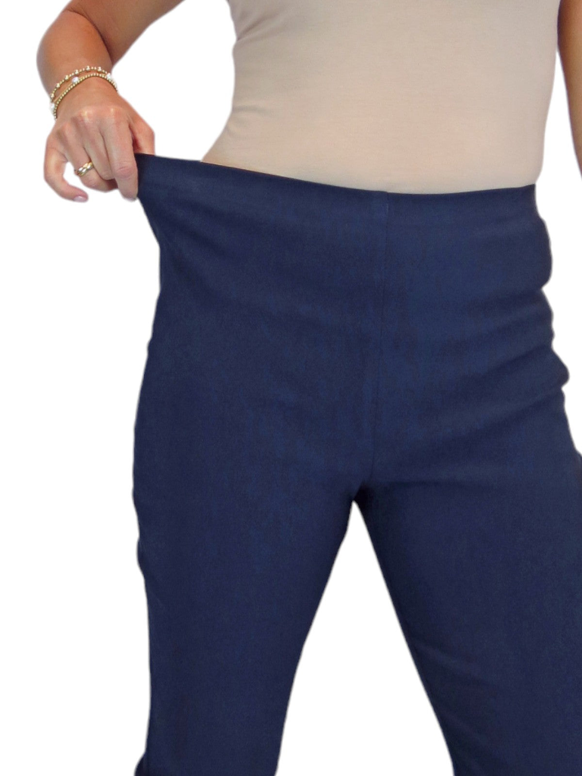 Women's Pull On Elasticated Waist Cropped Trousers Navy Blue