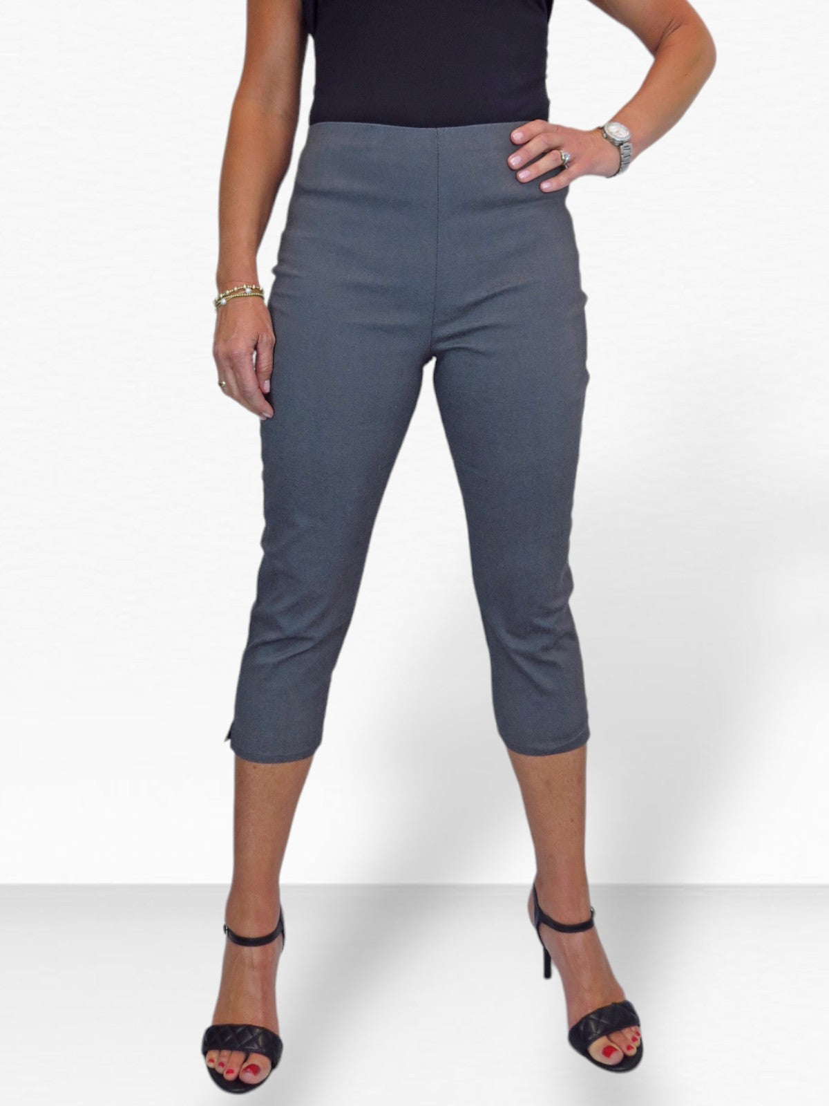 Women's Pull On Elasticated Waist Cropped Trousers Marl Grey