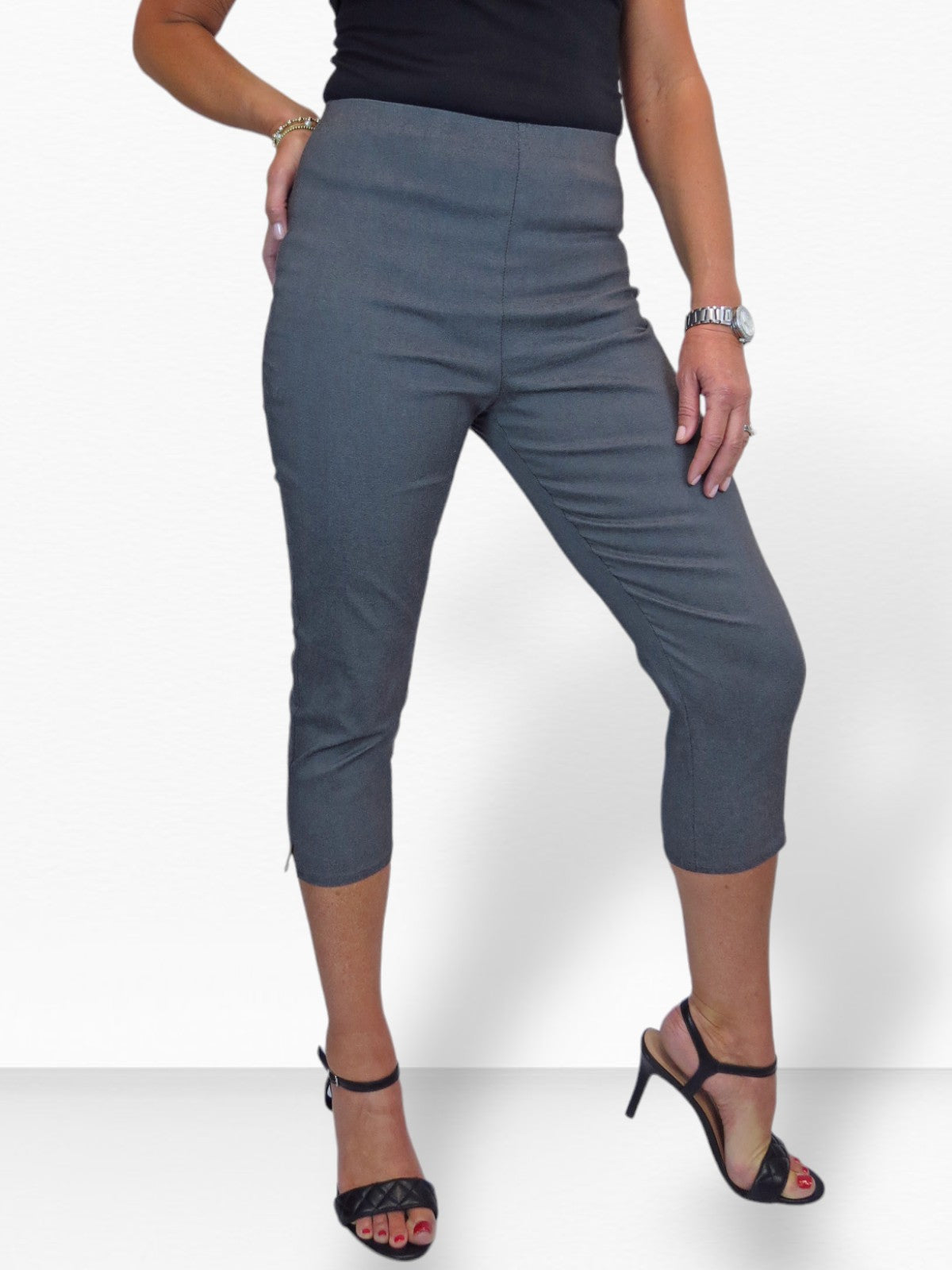 Women's Pull On Elasticated Waist Cropped Trousers Marl Grey