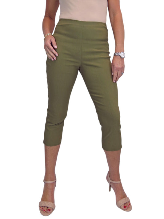 Women's Pull On Elasticated Waist Cropped Trousers Khaki Green