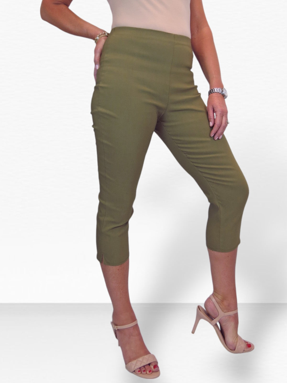 Women's Pull On Elasticated Waist Cropped Trousers Khaki Green