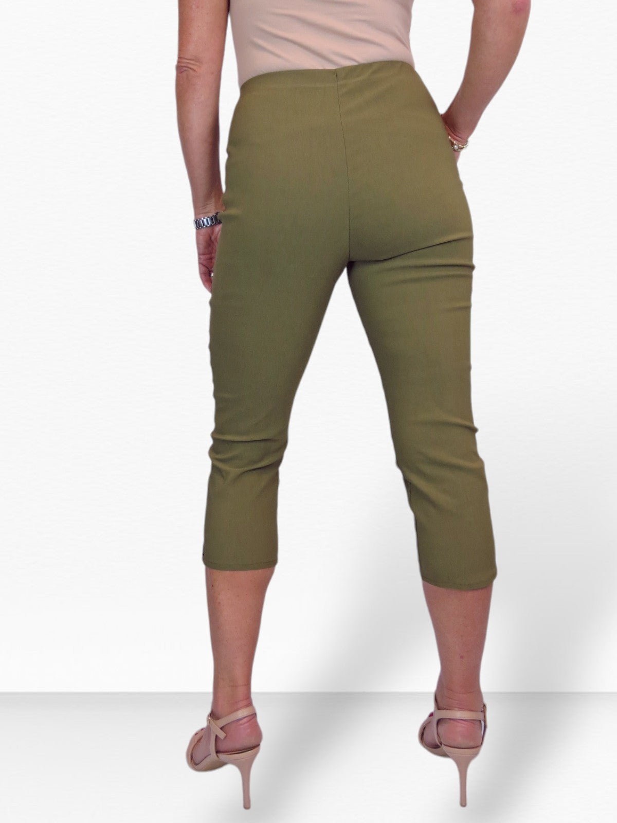 Women's Pull On Elasticated Waist Cropped Trousers Khaki Green