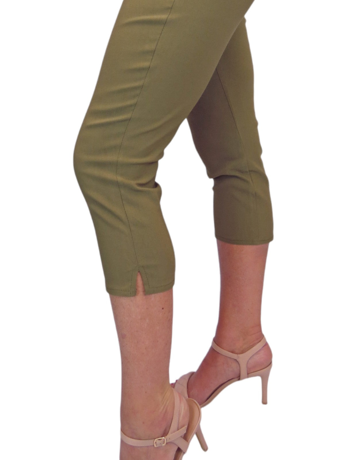 Women's Pull On Elasticated Waist Cropped Trousers Khaki Green