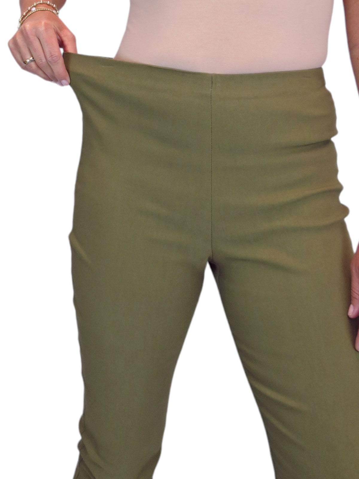 Women's Pull On Elasticated Waist Cropped Trousers Khaki Green