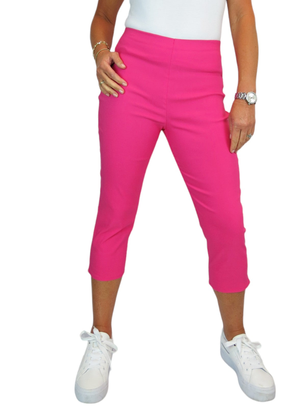 Women's Pull On Elasticated Waist Cropped Trousers Hot Pink