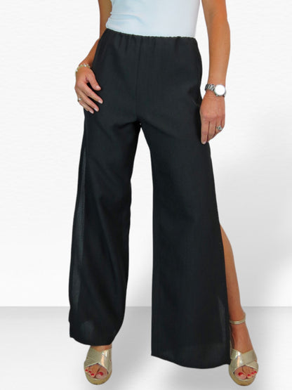 Women's Linen Look Open Leg Trousers Black