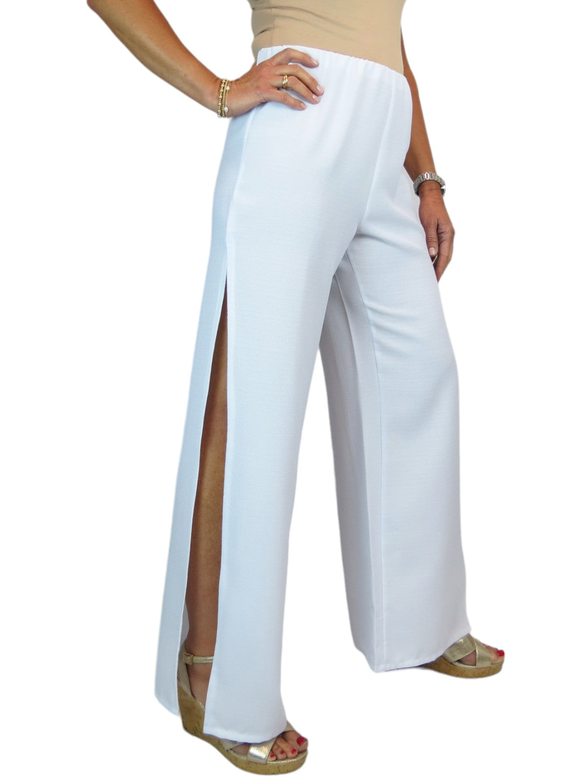 Women's Linen Look Open Leg Trousers White