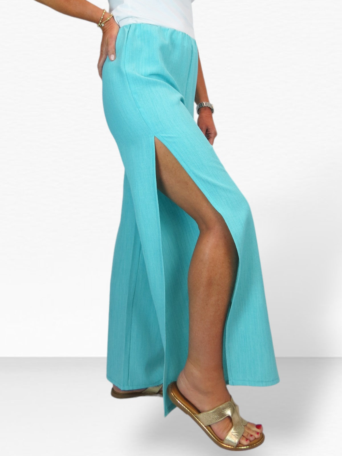 Women's Linen Look Open Leg Trousers Turquoise