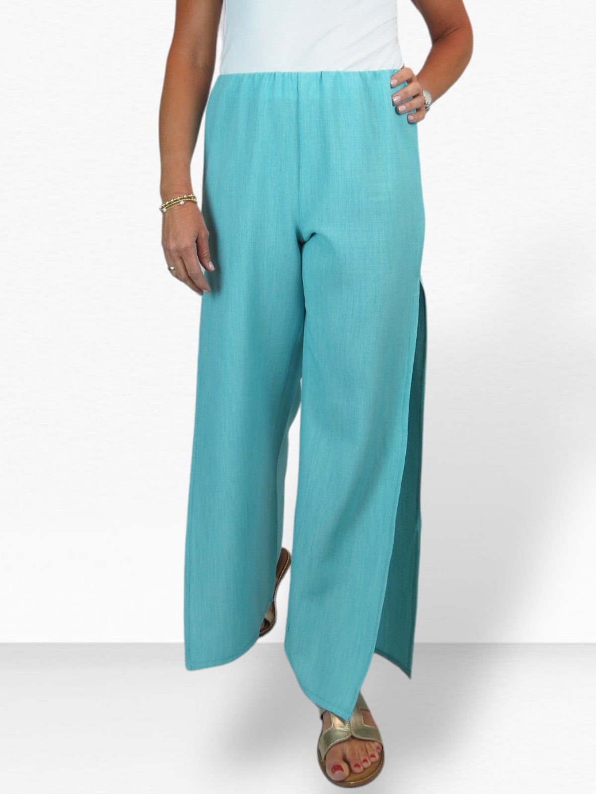 Women's Linen Look Open Leg Trousers Turquoise