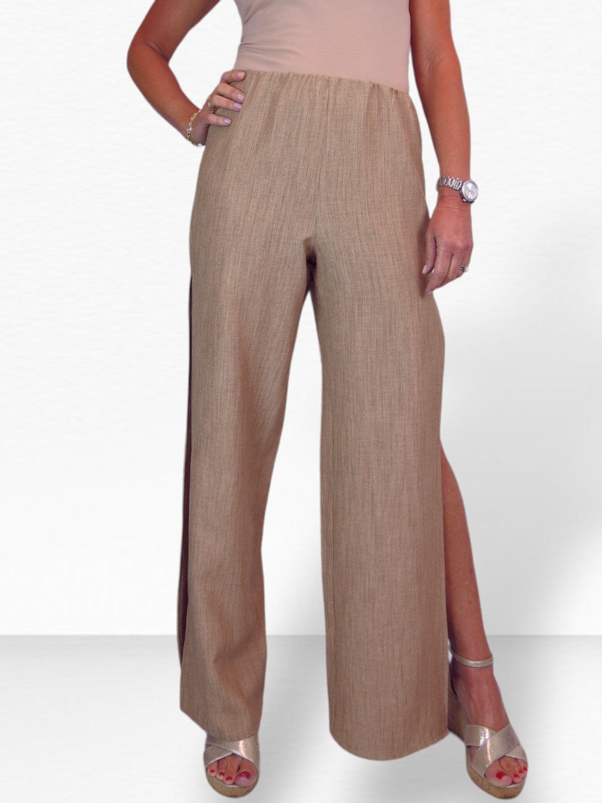 Women's Linen Look Open Leg Trousers Tan