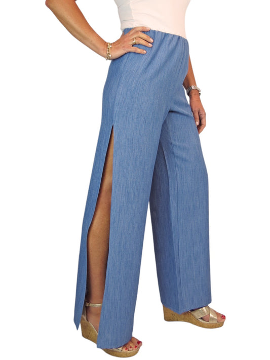 Women's Linen Look Open Leg Trousers Denim Blue