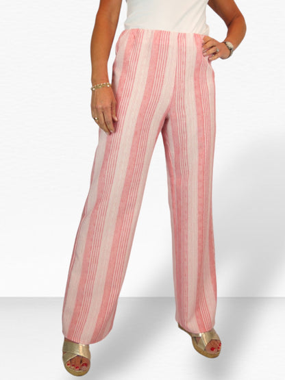 Women's Wide Leg Striped Linen Trousers Coral