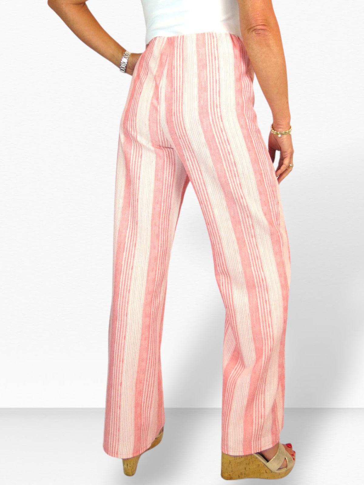 Women's Wide Leg Striped Linen Trousers Coral