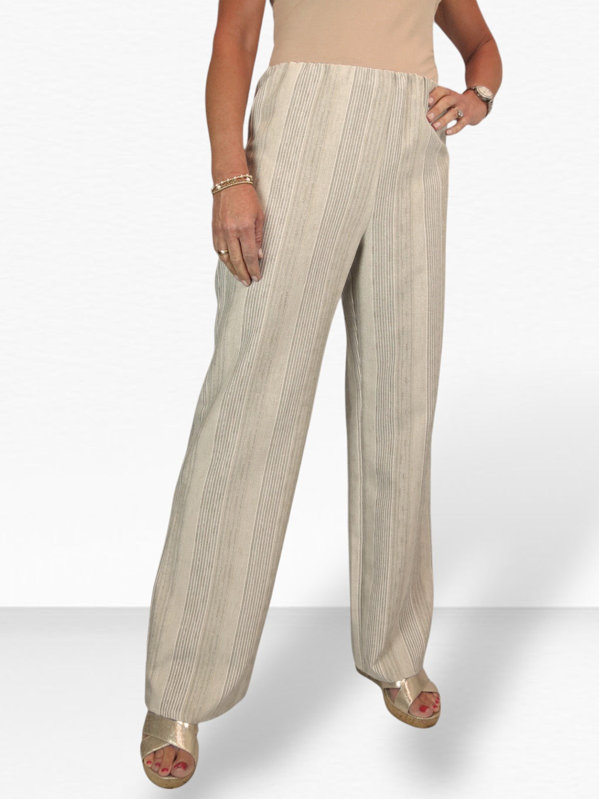 Women's Wide Leg Striped Linen Trousers Stone Beige