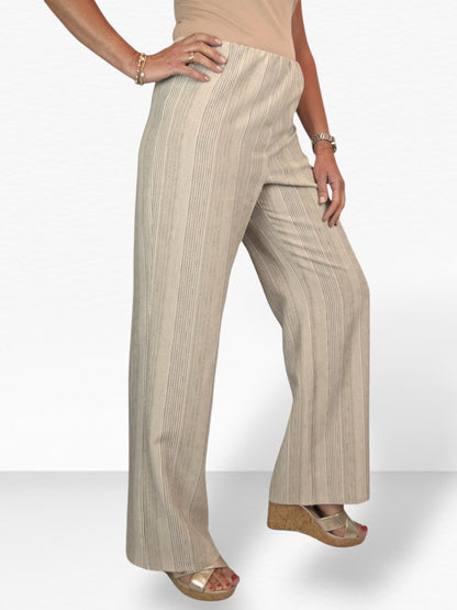 Women's Wide Leg Striped Linen Trousers Stone Beige