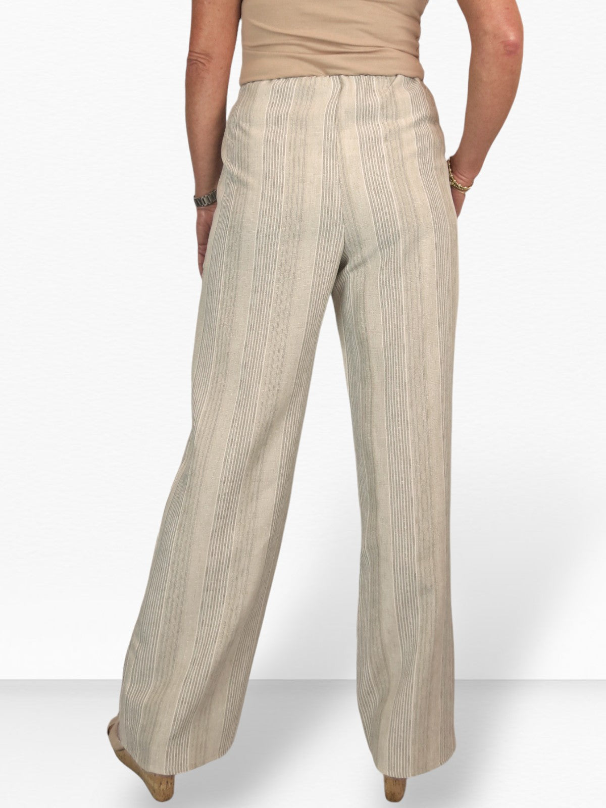 Women's Wide Leg Striped Linen Trousers Stone Beige